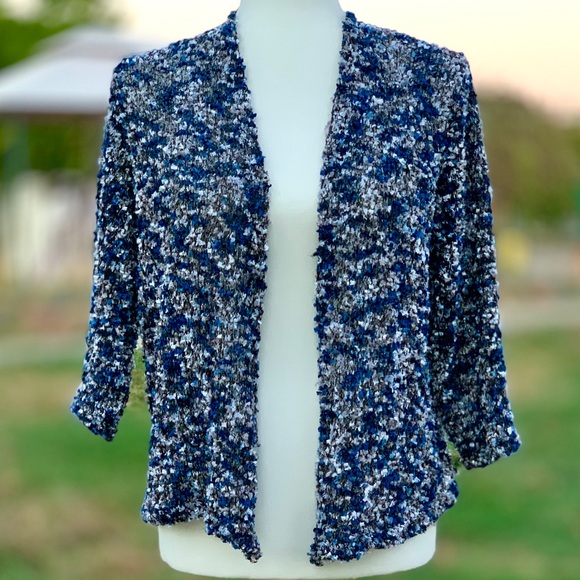 Alfred Dunner Shimmering Blue, Black, Silver Cropped Cardigan Sweater ~ Medium - Picture 1 of 7